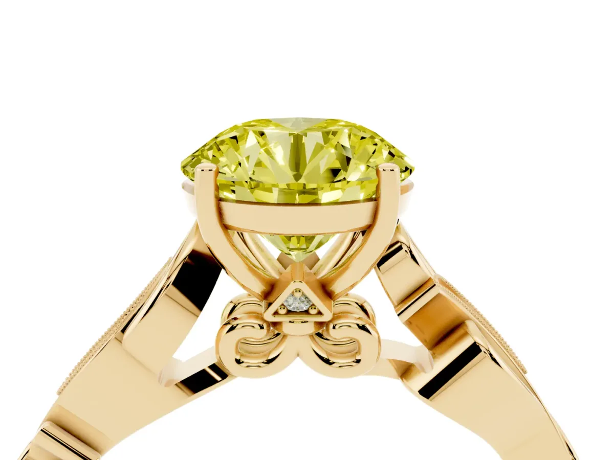 Fancy Yellow Round Cut Solitaire Vine Band with Milgrain Prong Setting Yellow gold