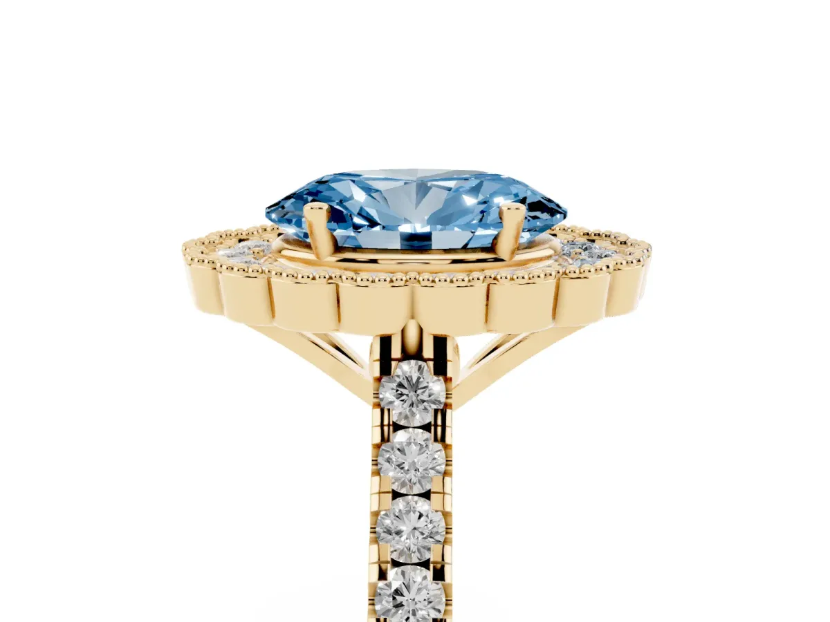 Fancy Blue Oval Cut Cut Diamond Milgrain Floral Halo Engagement Ring with Pavé Band Yellow gold