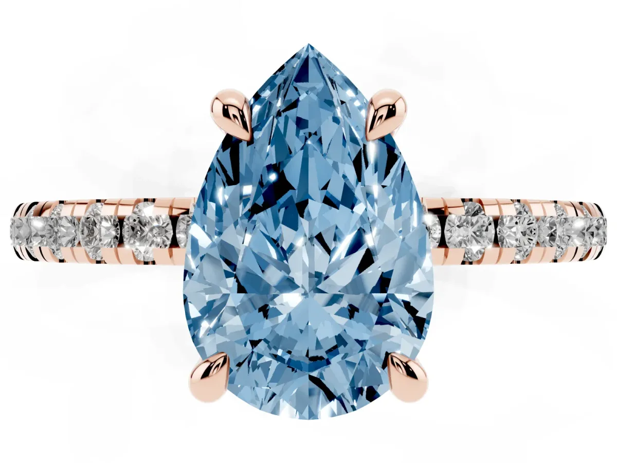 Fancy Blue Pear Cut Diamond Brilliant Solitaire Ring with Pavé Band and Four-Prong Setting Rose gold