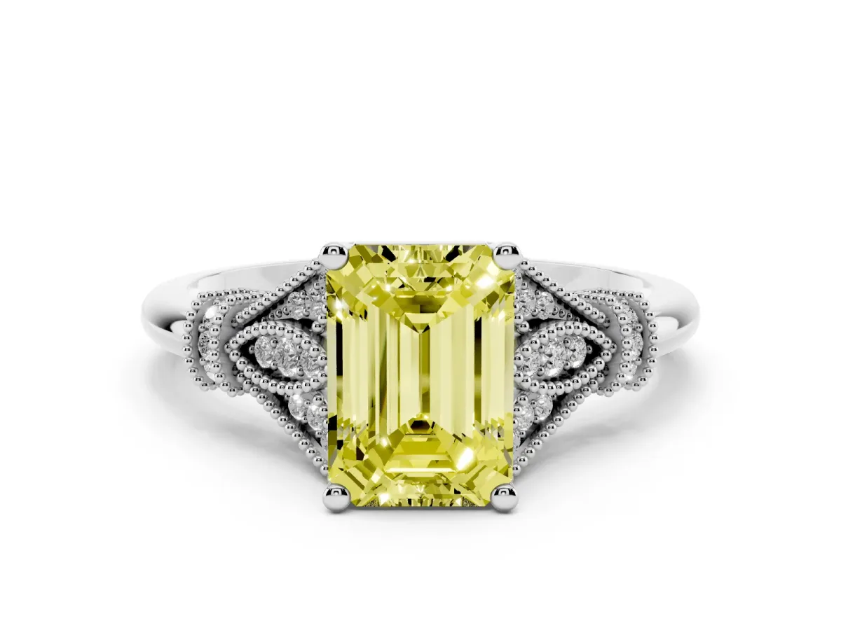 Fancy Yellow Emerald Cut Diamond Solitaire Ring with Floral Filigree and Pave Accents Platinum