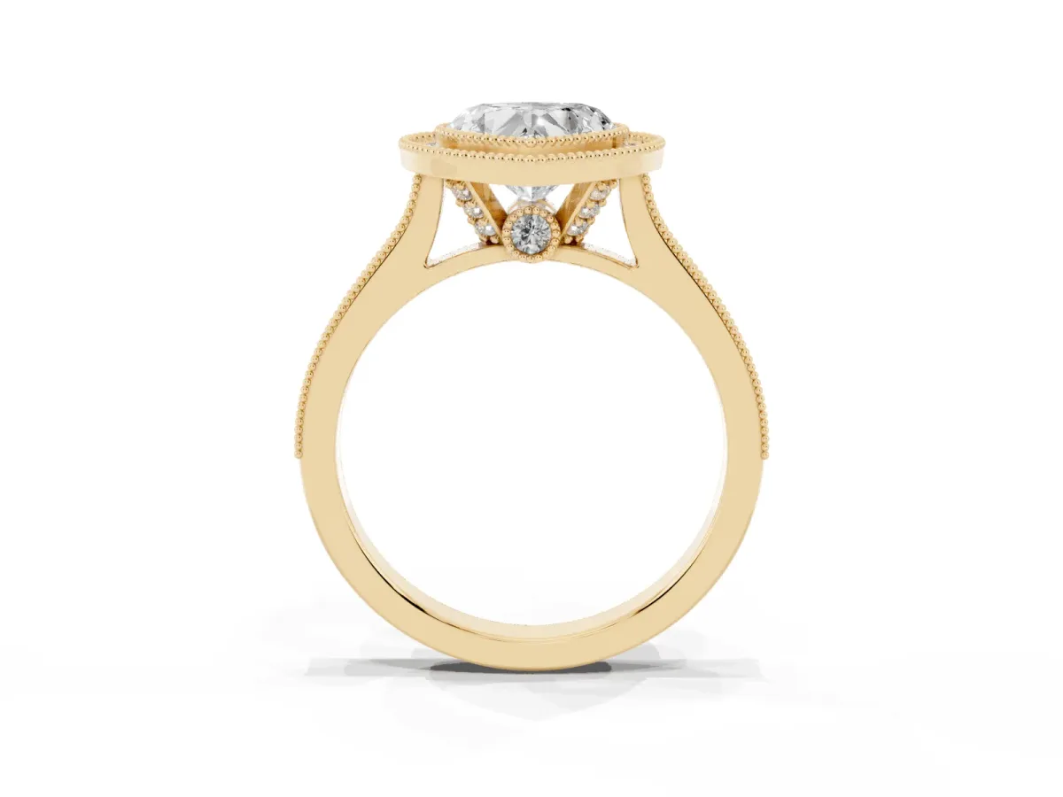 Halo Heart Cut-Cut Diamond Pave Band Milgrain Prong Setting Ring Yellow gold