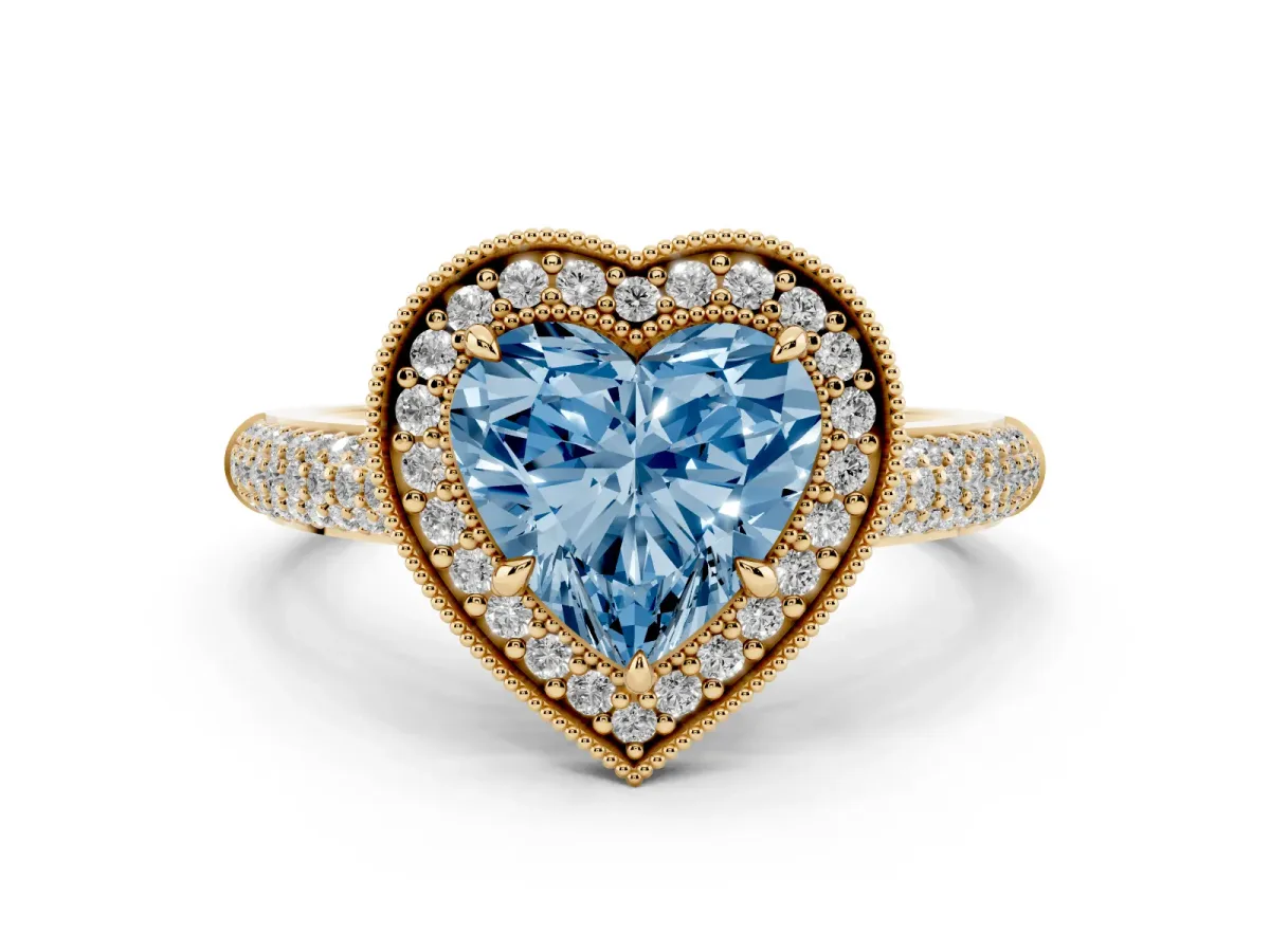 Fancy Blue Heart Cut Cut Halo Diamond Pave Band with Four-Prong Setting Yellow gold