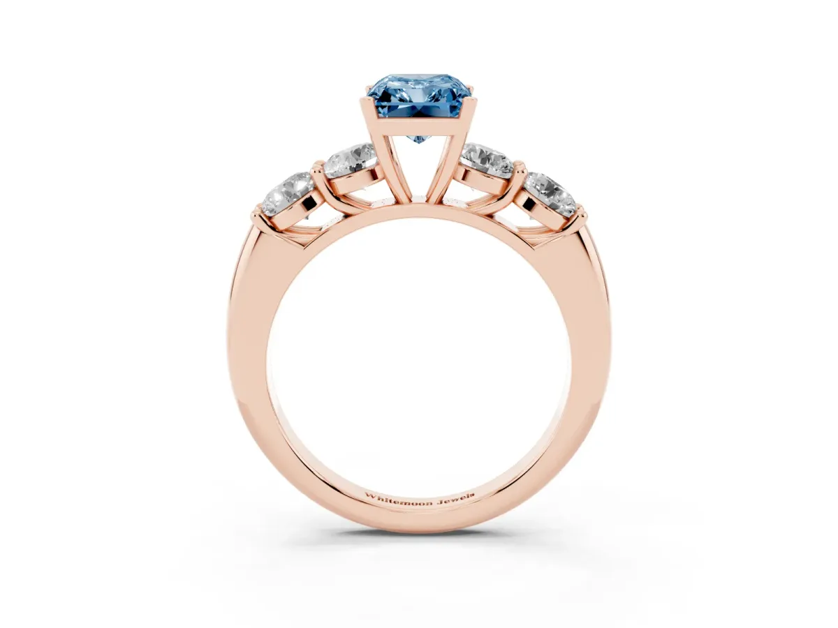 Fancy Blue Radiant Cut Cut Five-Stone Prong Set Diamond Ring with Classic Band Rose gold