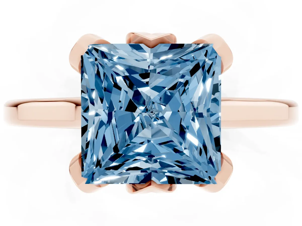 Fancy Blue Princess Cut Diamond Solitaire Ring with Flower Prong Setting and Classic Band Rose gold