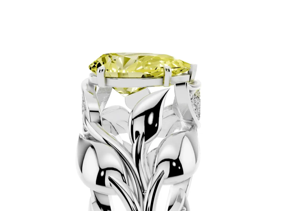 Fancy Yellow Pear Cut Diamond Leaf-Inspired Engagement Ring with Round Accents and Prong Setting Silver