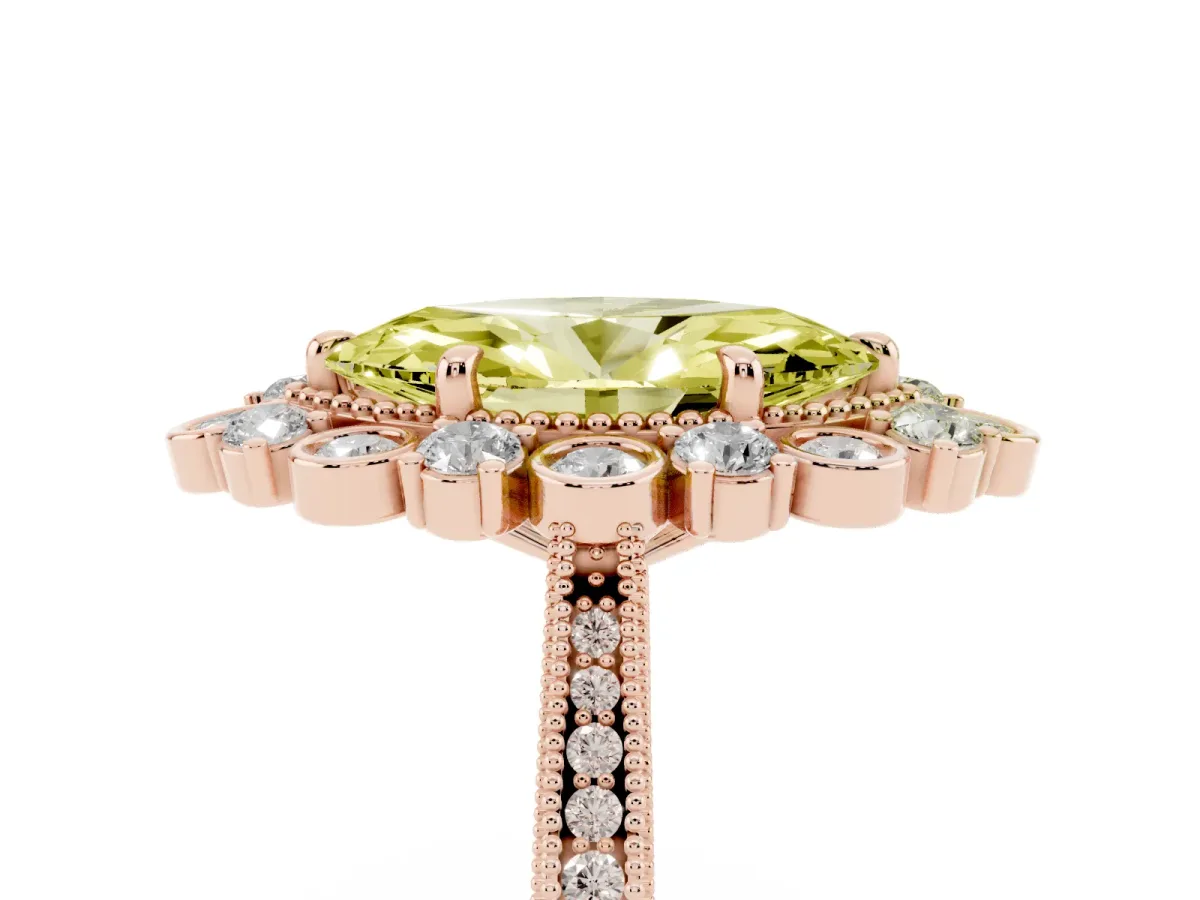 Fancy Yellow Marquise Cut Halo Milgrain Pave Diamond Ring with Four-Prong Setting Rose gold