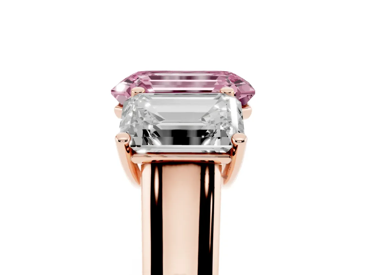 Fancy Pink Emerald Cut Three-Stone Diamond Ring with Prong Setting on a Classic Band Rose gold