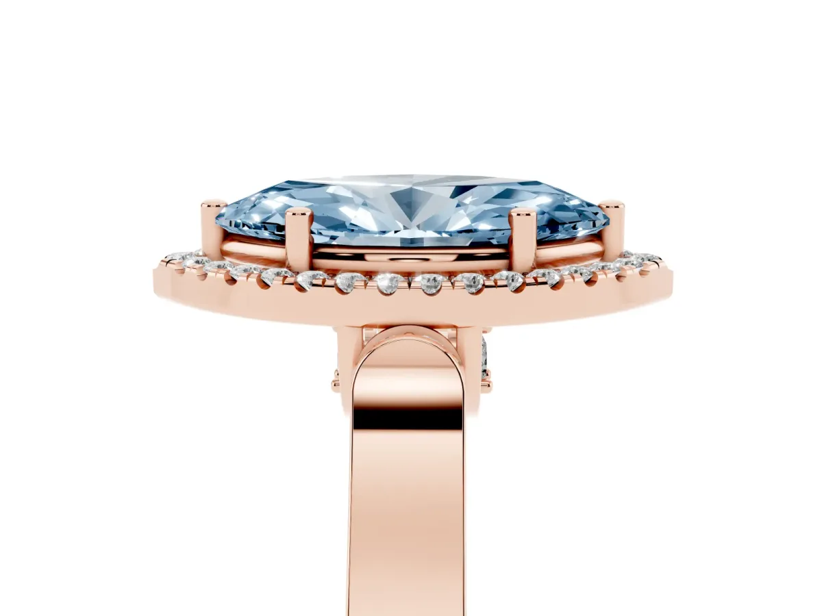 Fancy Blue Marquise Cut Halo Round Diamond Twist Band with Four-Prong Setting Rose gold