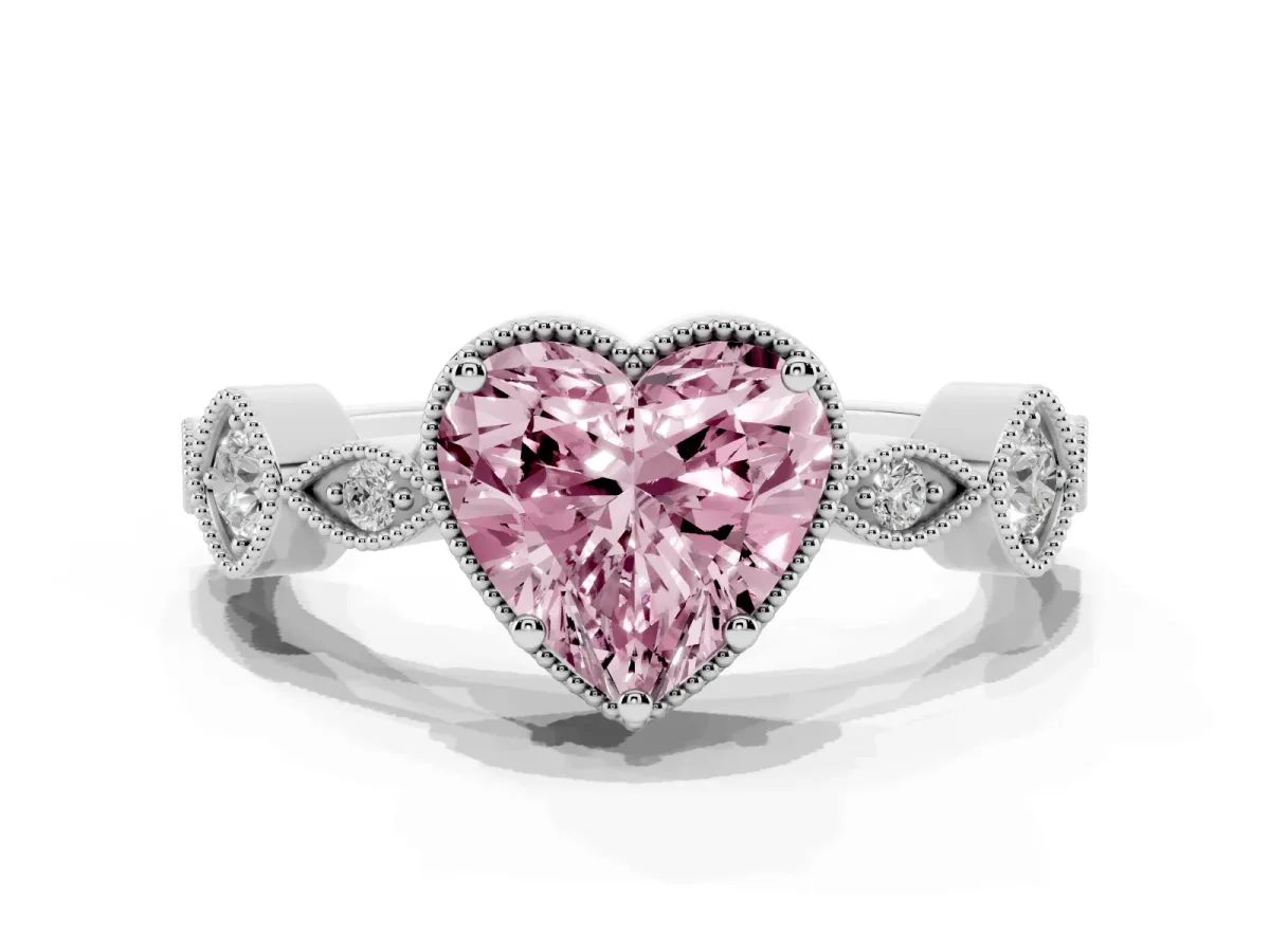 Fancy Pink Heart Cut Diamond Vintage Milgrain Ring with Round Stations Silver