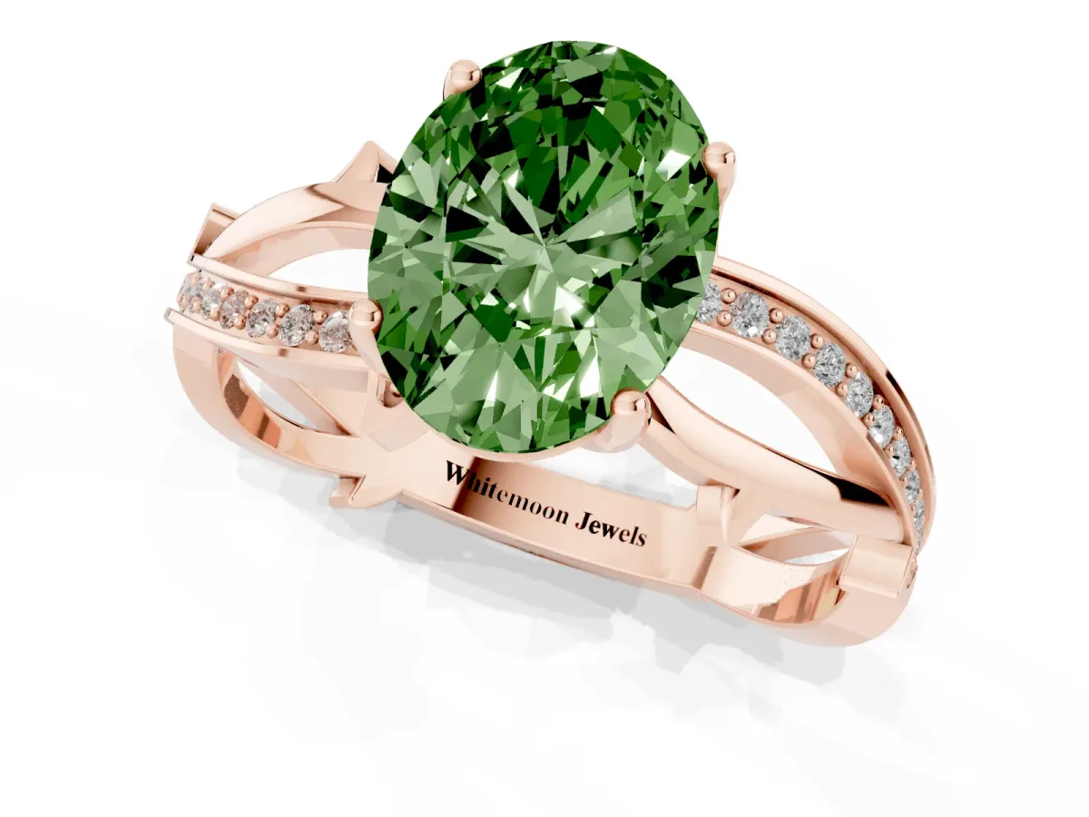 Fancy Green Oval Cut Solitaire Twist Band with Pavé Accents and Four-Prong Setting Rose gold