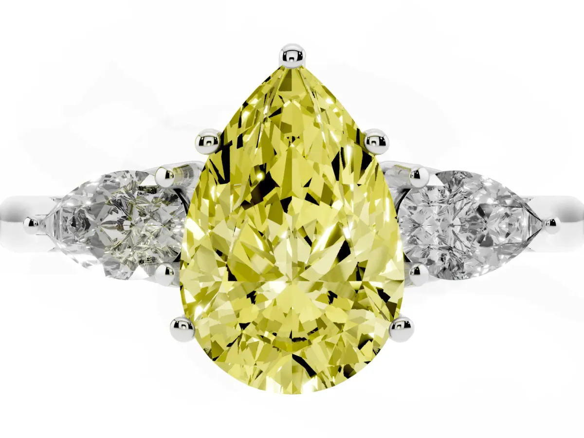 Fancy Yellow Three-Stone Pear Cut Brilliant Diamond Solitaire Ring with Tapered Band and Four-Prong Setting Platinum