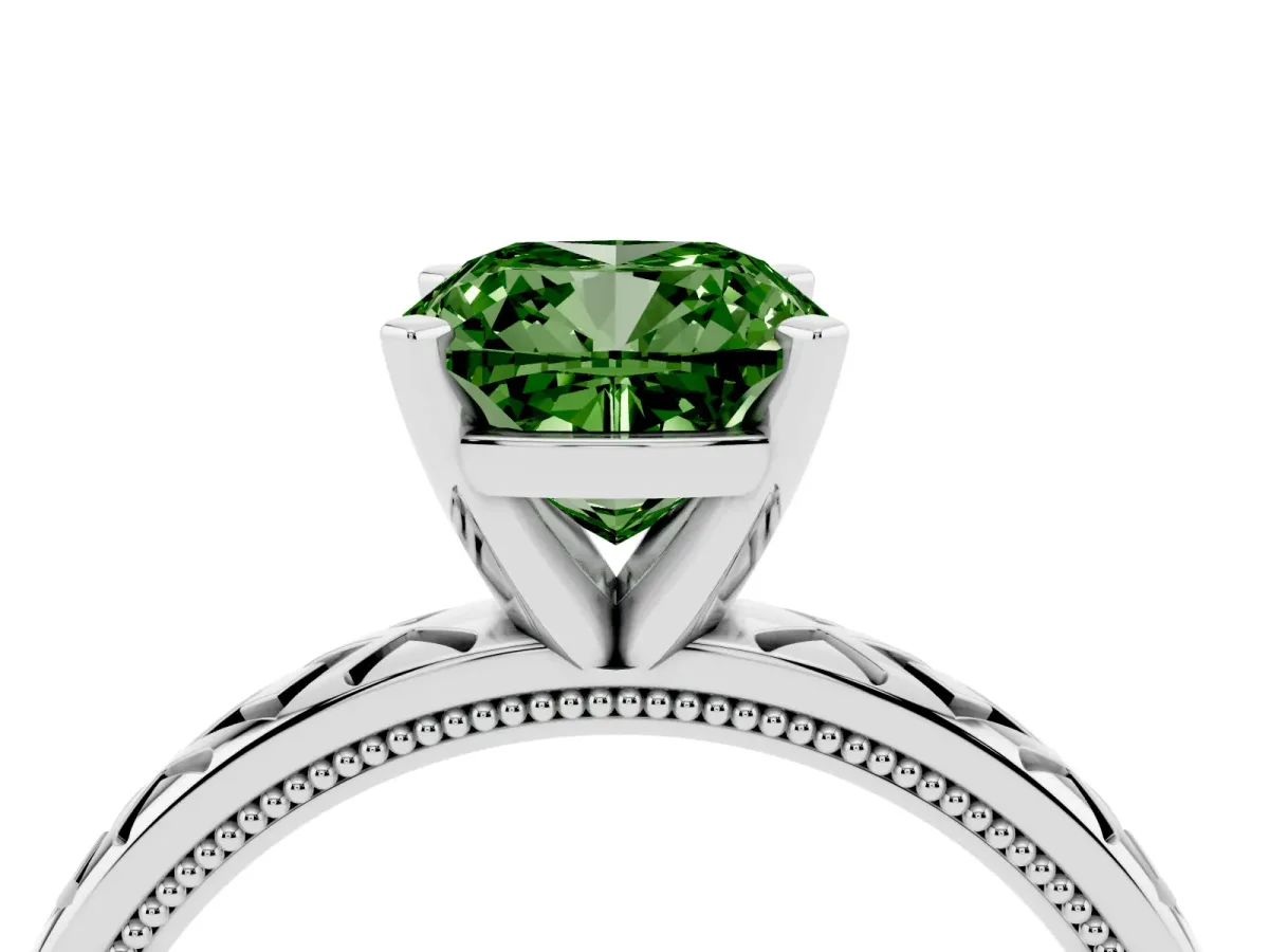 Fancy Green Cushion Cut Solitaire Diamond Ring with Milgrain and Black Enamel X Pattern Band Silver