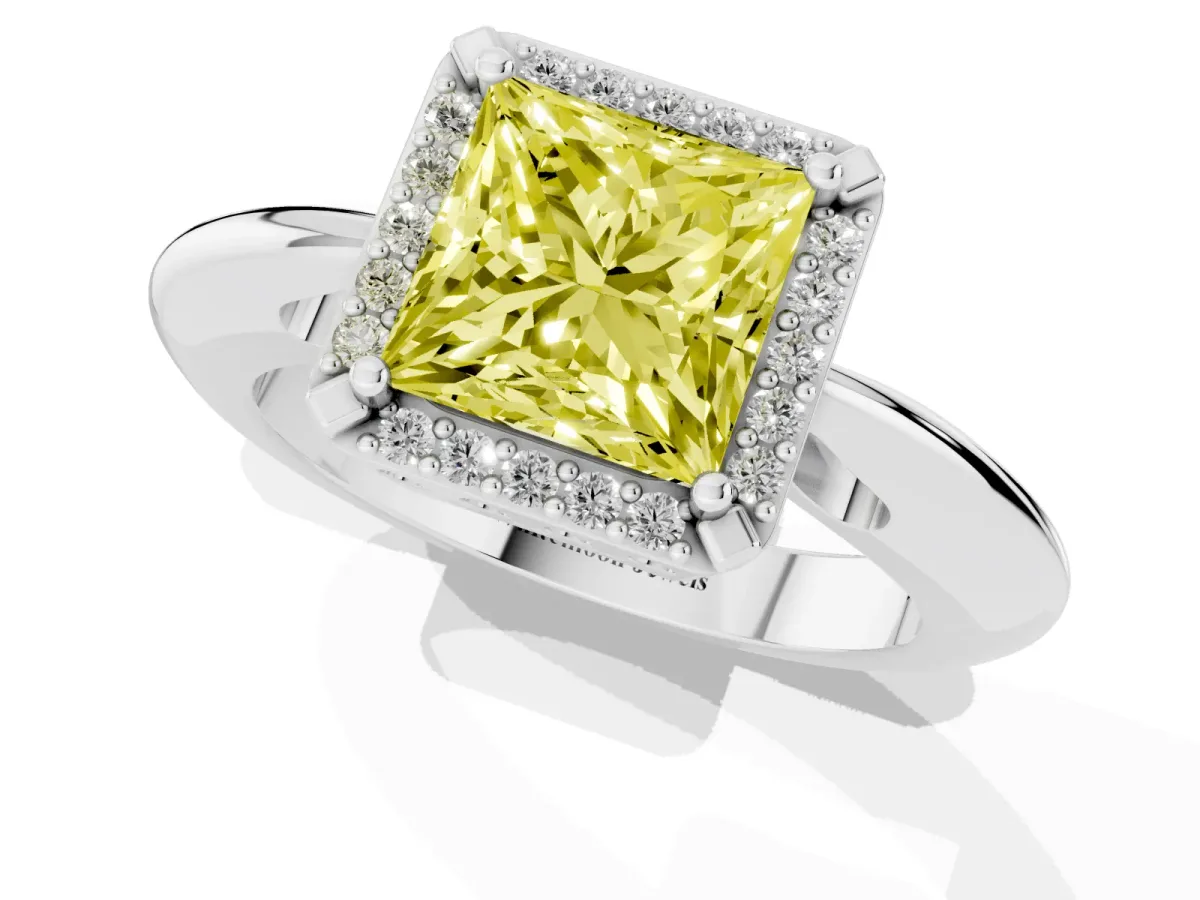 Fancy Yellow Princess Cut Cut Diamond Halo Engagement Ring with Split Shank and Four-Prong Setting Platinum