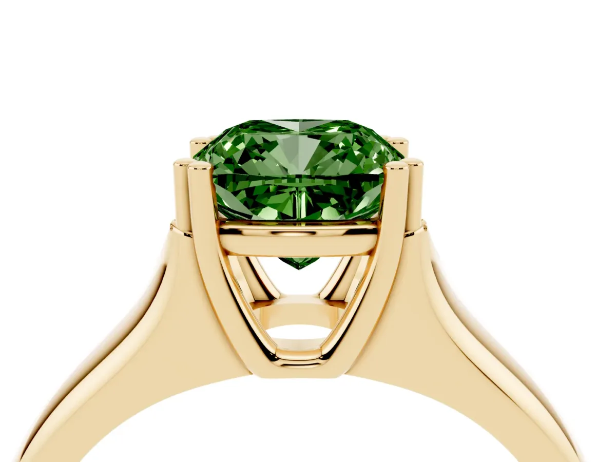 Fancy Green Cushion Cut Diamond Solitaire Ring with Wide Band and Prong Setting Yellow gold