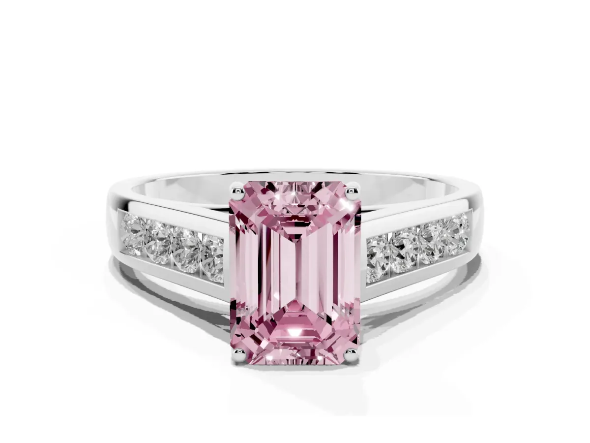 Fancy Pink Emerald Cut Brilliant Channel-Set Solitaire Ring with Four-Prong Setting Platinum