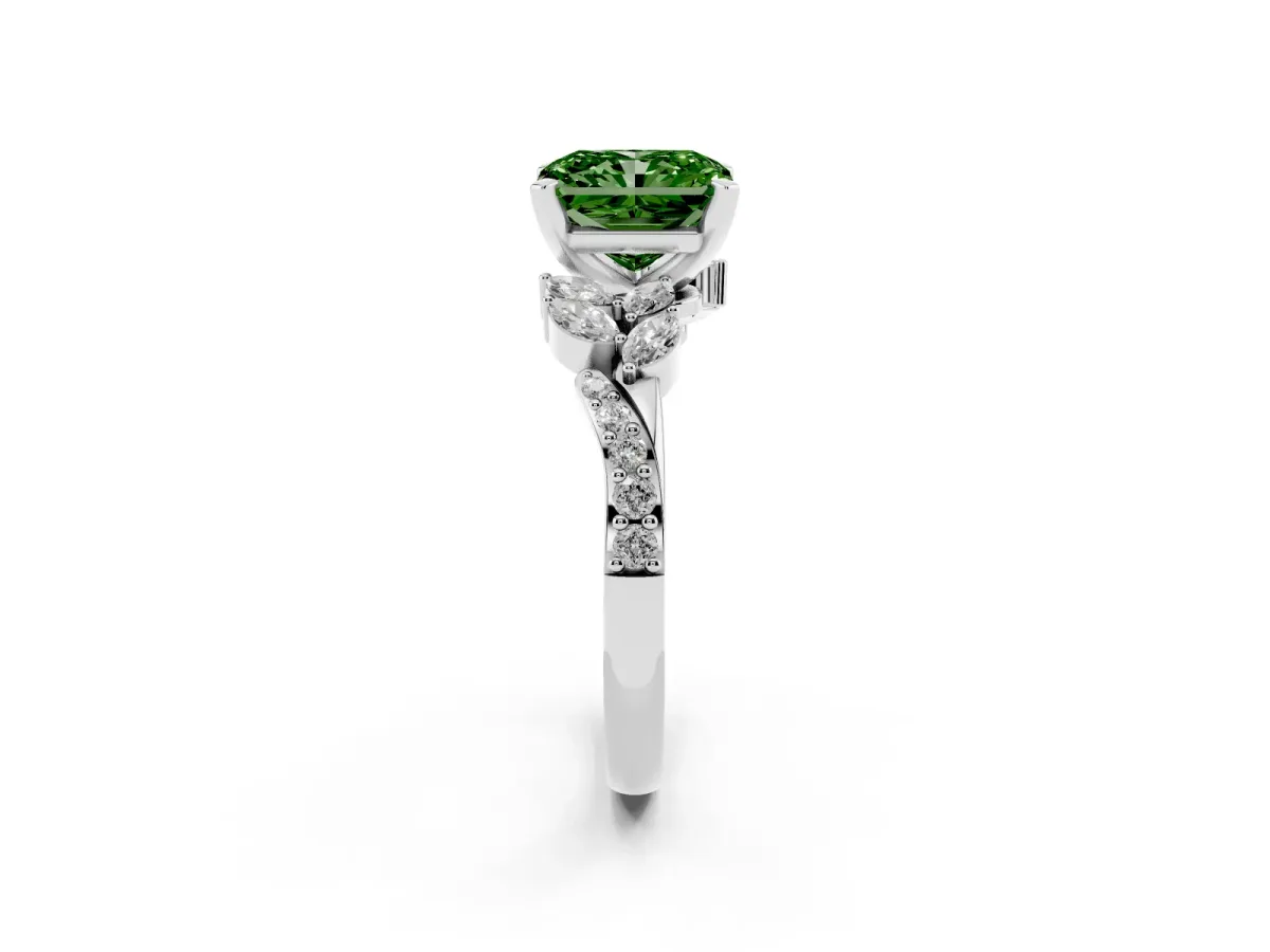 Fancy Green Radiant Cut Solitaire Marquise Twist Band with Six-Prong Setting Silver