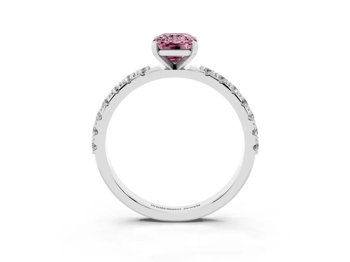 Fancy Pink Emerald Cut Diamond Solitaire Pavé Band with Four-Prong Setting Platinum