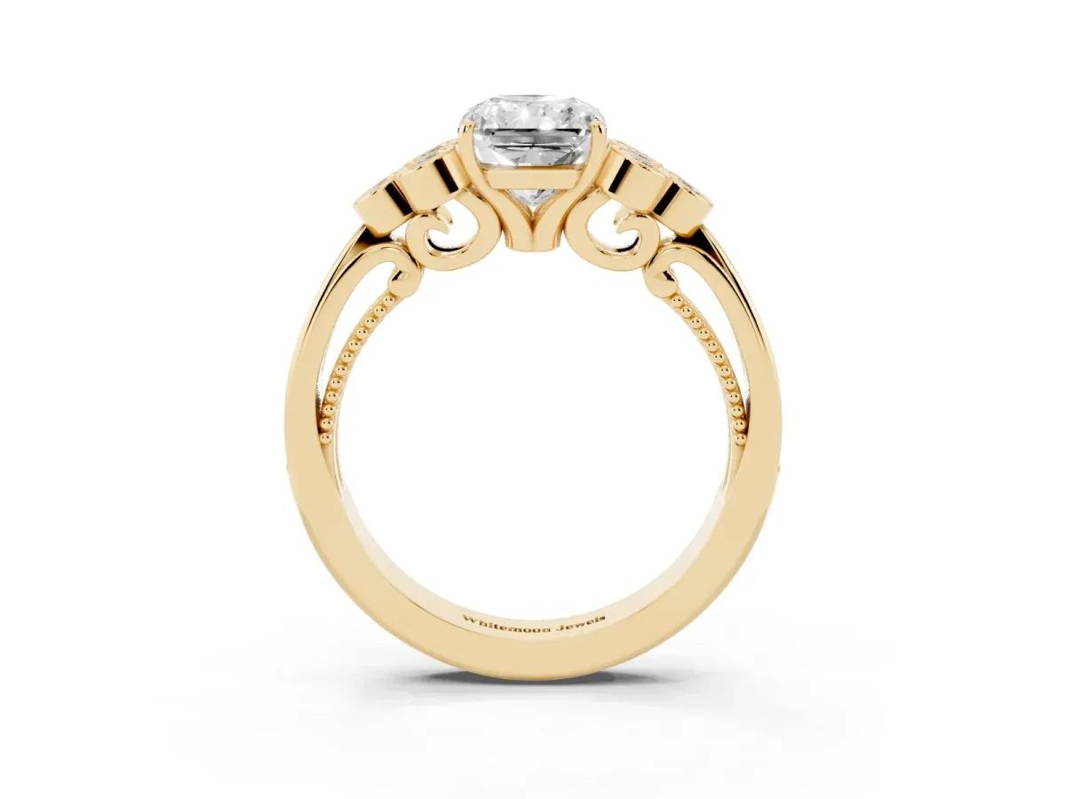 Radiant Cut Cut Diamond Engagement Ring with Bezel Set Round Side Stones and Prong Setting Yellow gold