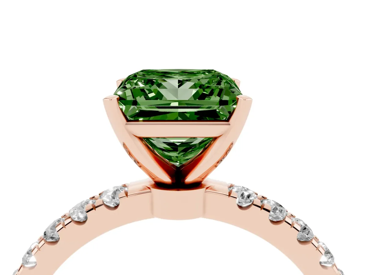 Fancy Green Princess Cut Diamond Solitaire Ring with Pavé Accents and Four-Prong Setting Rose gold