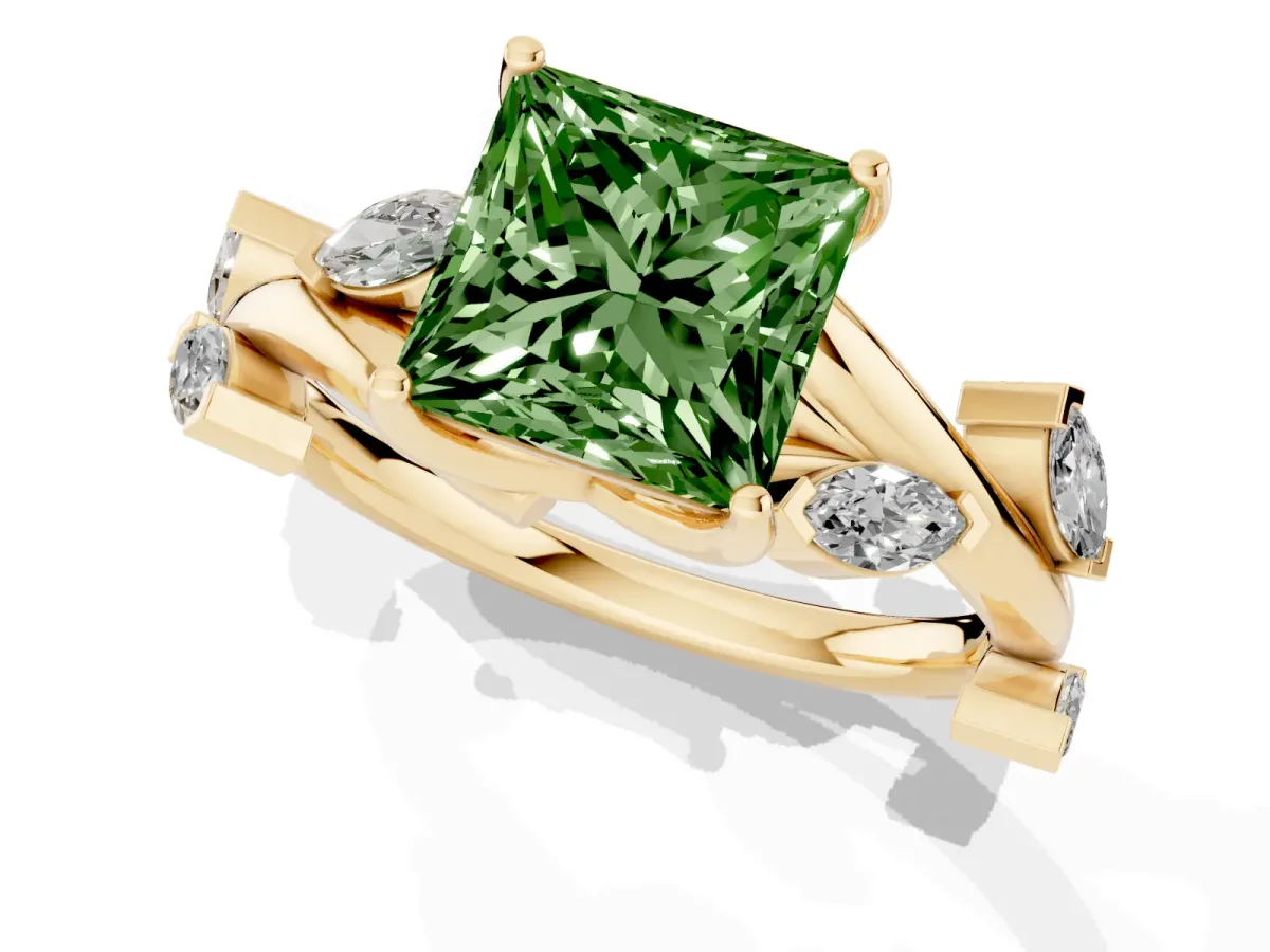 Fancy Green Princess Cut Solitaire Twisted Band Marquise Accent Prong Setting Ring Yellow gold
