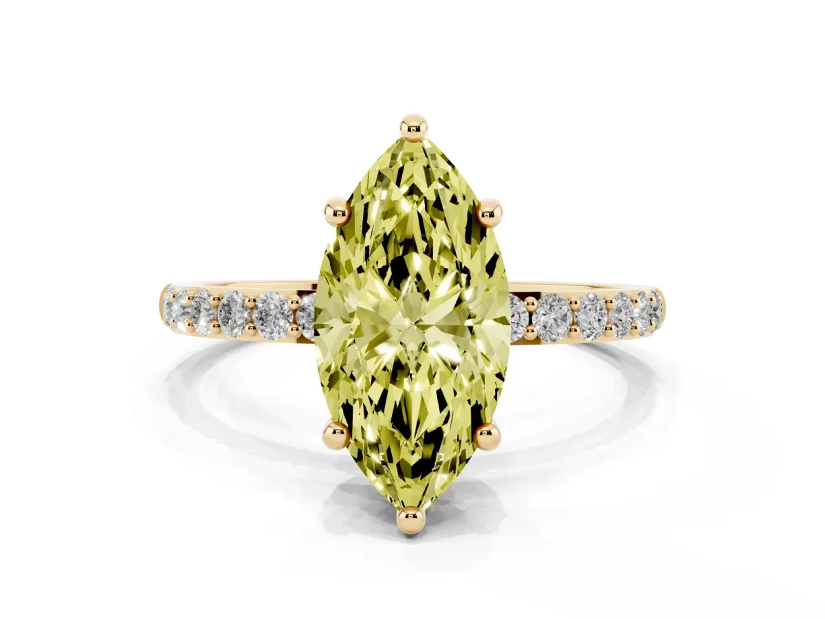 Fancy Yellow Marquise Cut Diamond Solitaire Ring with Round Pavé Band and Prong Setting Yellow gold