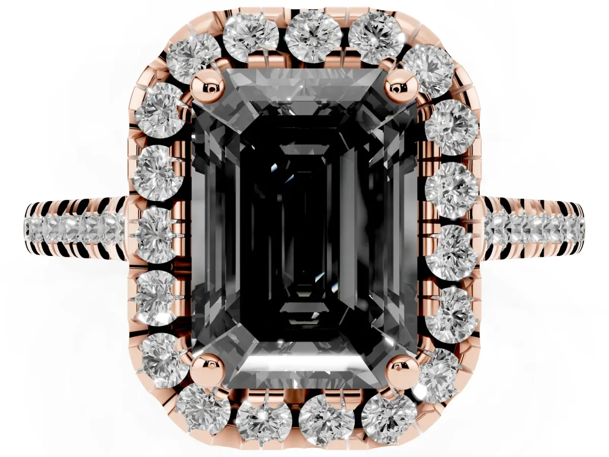 Fancy Black Emerald Cut Diamond Cushion Halo Ring with Pavé Band Rose gold