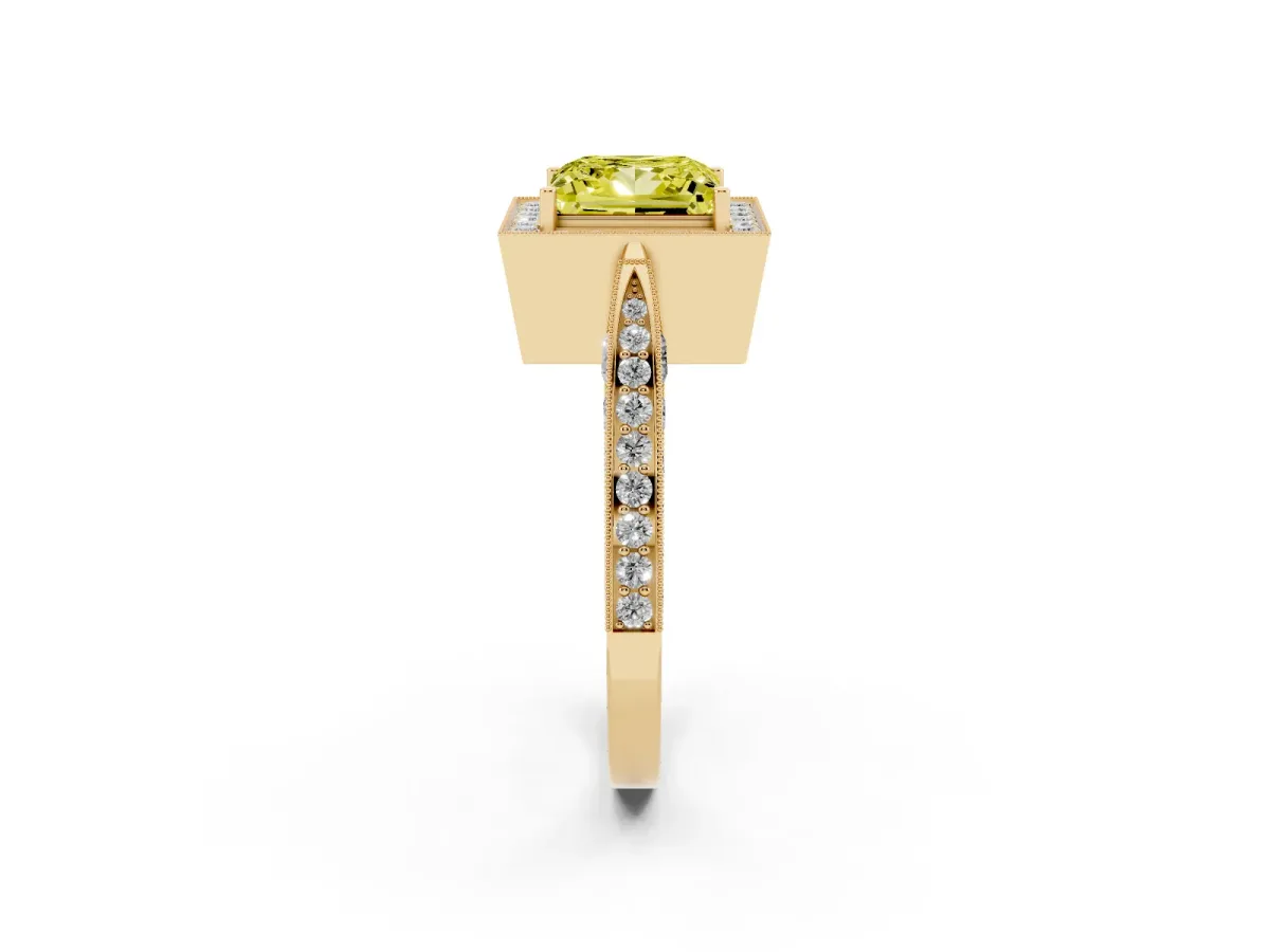 Fancy Yellow Princess Cut Halo Diamond Engagement Ring with Split Shank Band and Four-Prong Setting Yellow gold