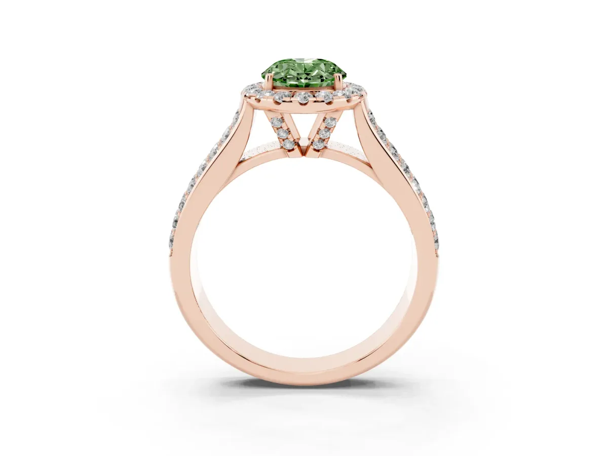 Fancy Green Oval Cut Halo Round Diamond Pave Band with Prong Setting Rose gold