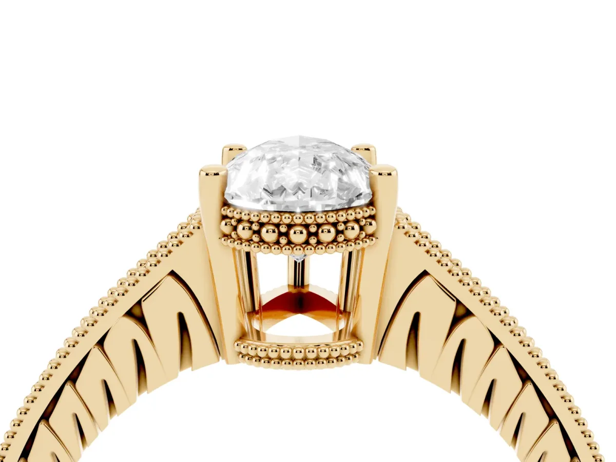 Pear Cut Solitaire Pavé Diamond Milgrain Engagement Ring with Four-Prong Setting Yellow gold