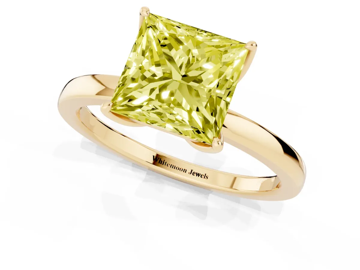 Fancy Yellow Princess Cut Diamond Solitaire Ring with Thin Band and Prong Setting Yellow gold