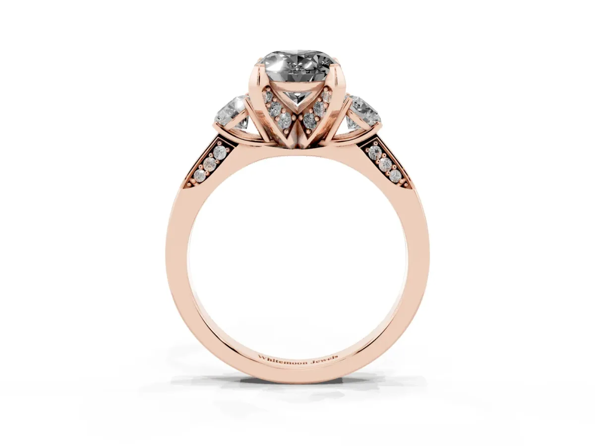 Fancy Black Oval Cut Brilliant Three-Stone Diamond Ring with Pavé Band and Four-Prong Setting Rose gold