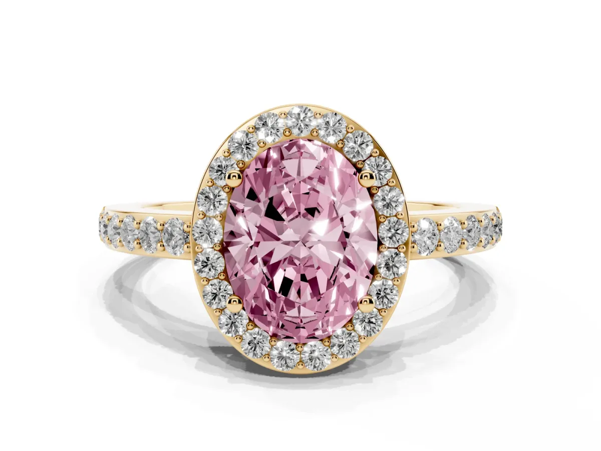 Fancy Pink Oval Cut Halo Diamond Pavé Band Ring with Prong Setting Yellow gold