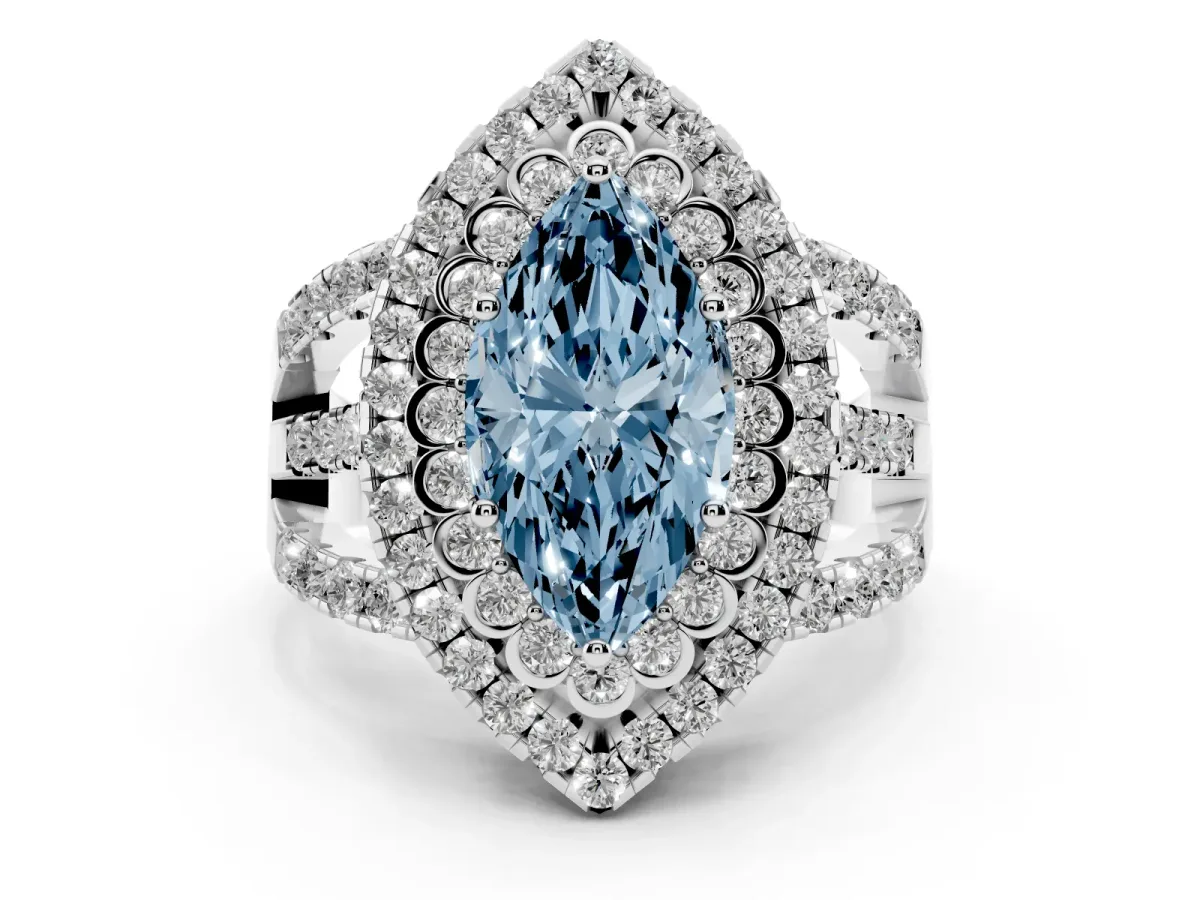 Fancy Blue Marquise Cut Diamond Double Halo Ring with Round Pavé Split Shank and Prong Setting Silver