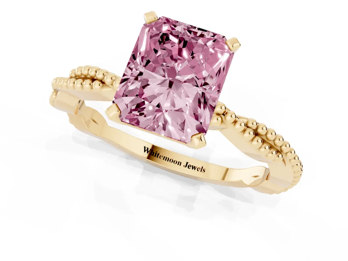 Fancy Pink Radiant Cut Solitaire Twisted Band with Bead Prong Setting Yellow gold
