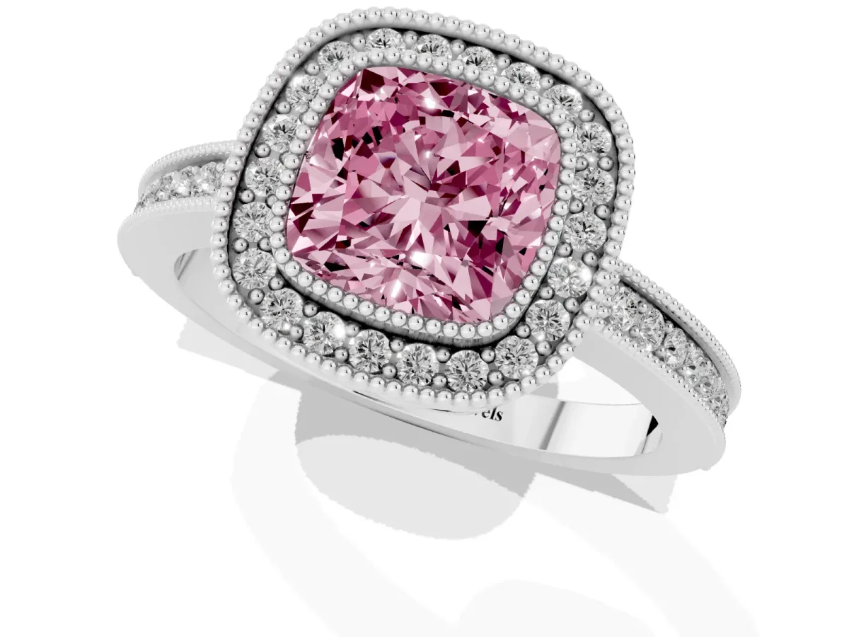 Fancy Pink Cushion Cut Cut Halo Diamond Ring with Pavé Band and Milgrain Prong Setting Platinum