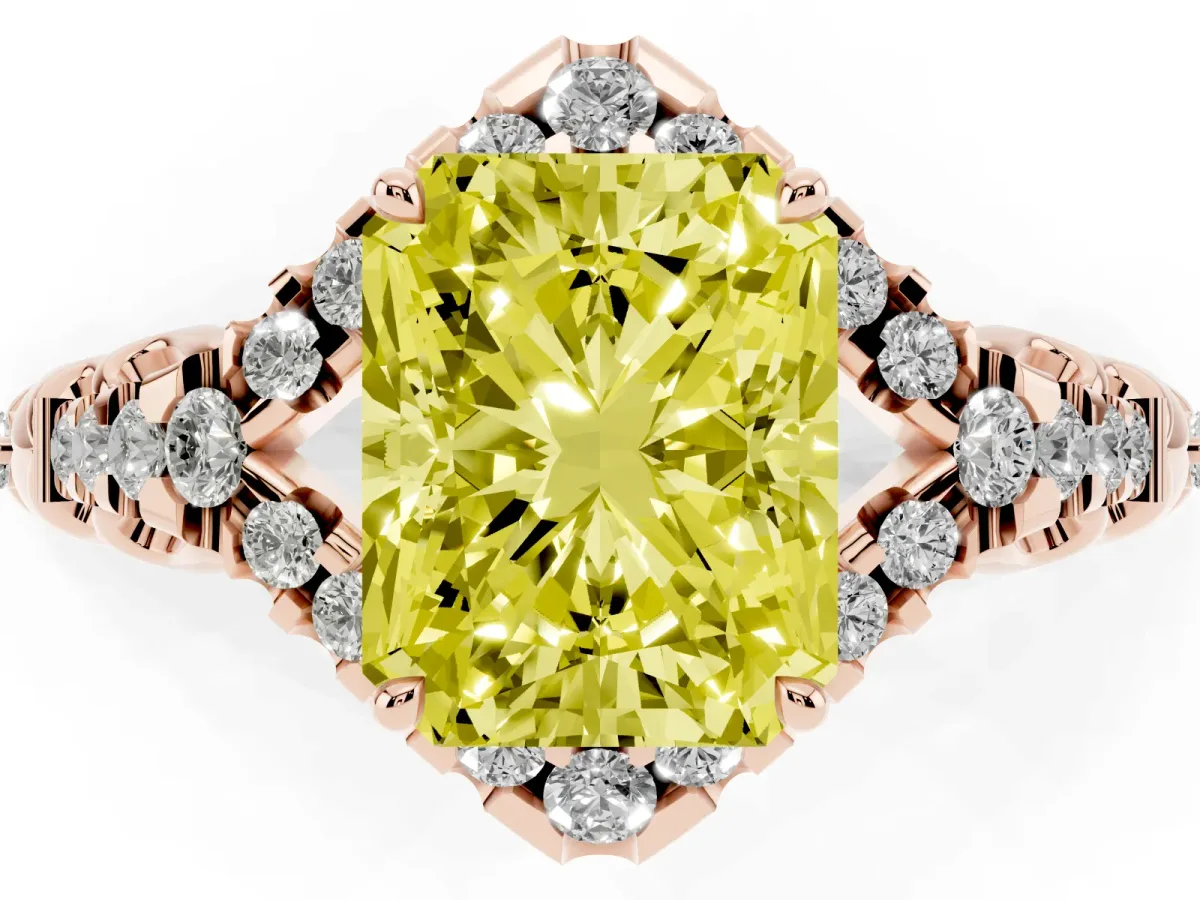 Fancy Yellow Radiant Cut Diamond Solitaire Ring with Hidden Halo and Pavé Band Rose gold