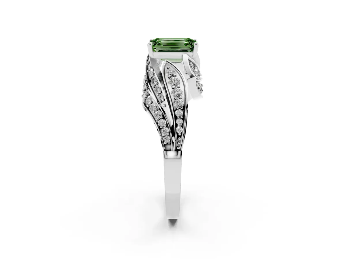Fancy Green Emerald Cut Diamond Solitaire Ring with Prong Setting and Twisted Pavé Band Silver