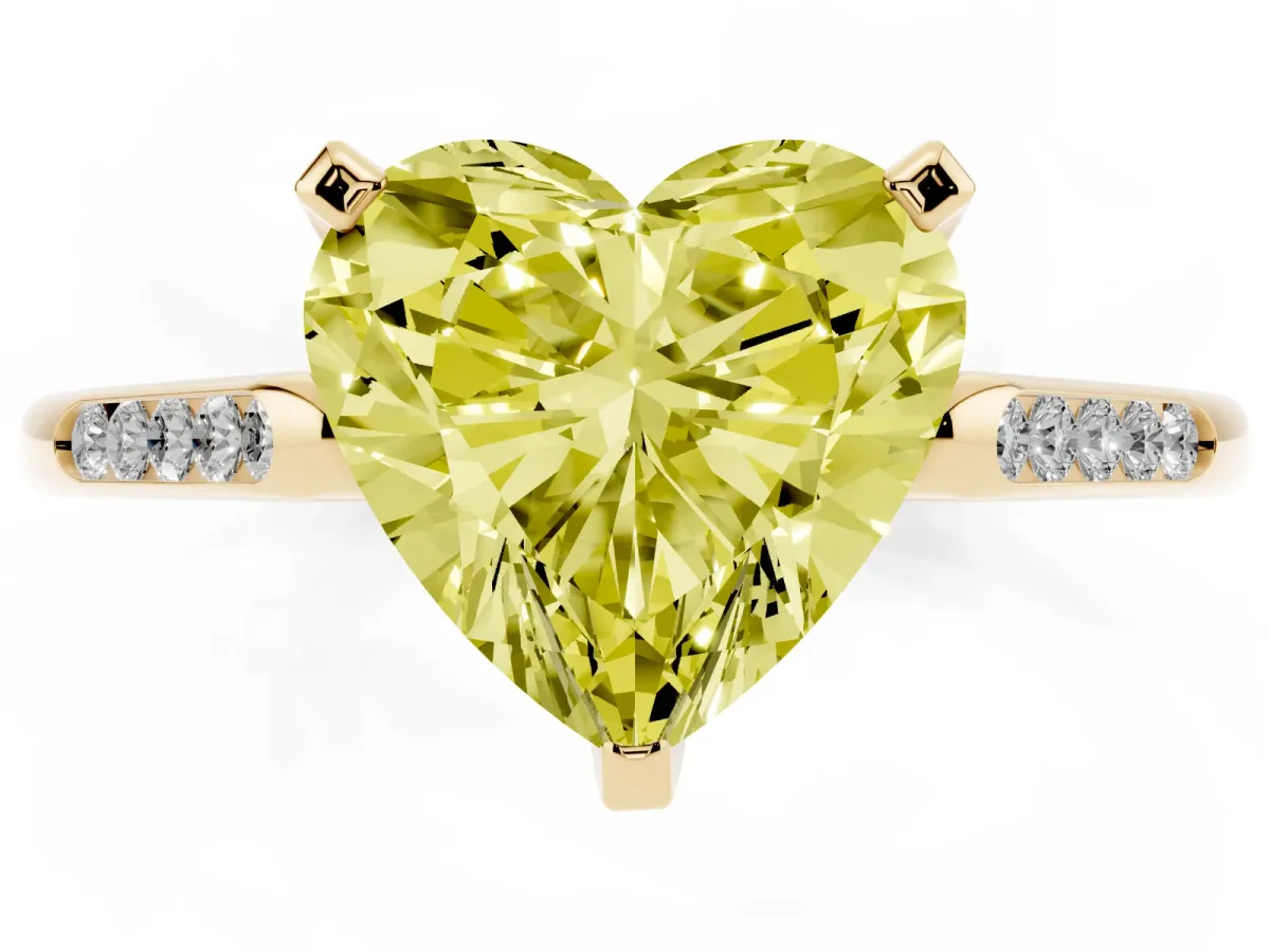 Fancy Yellow Heart Cut Diamond Solitaire Ring with Channel Set Round Band and Prong Setting Yellow gold