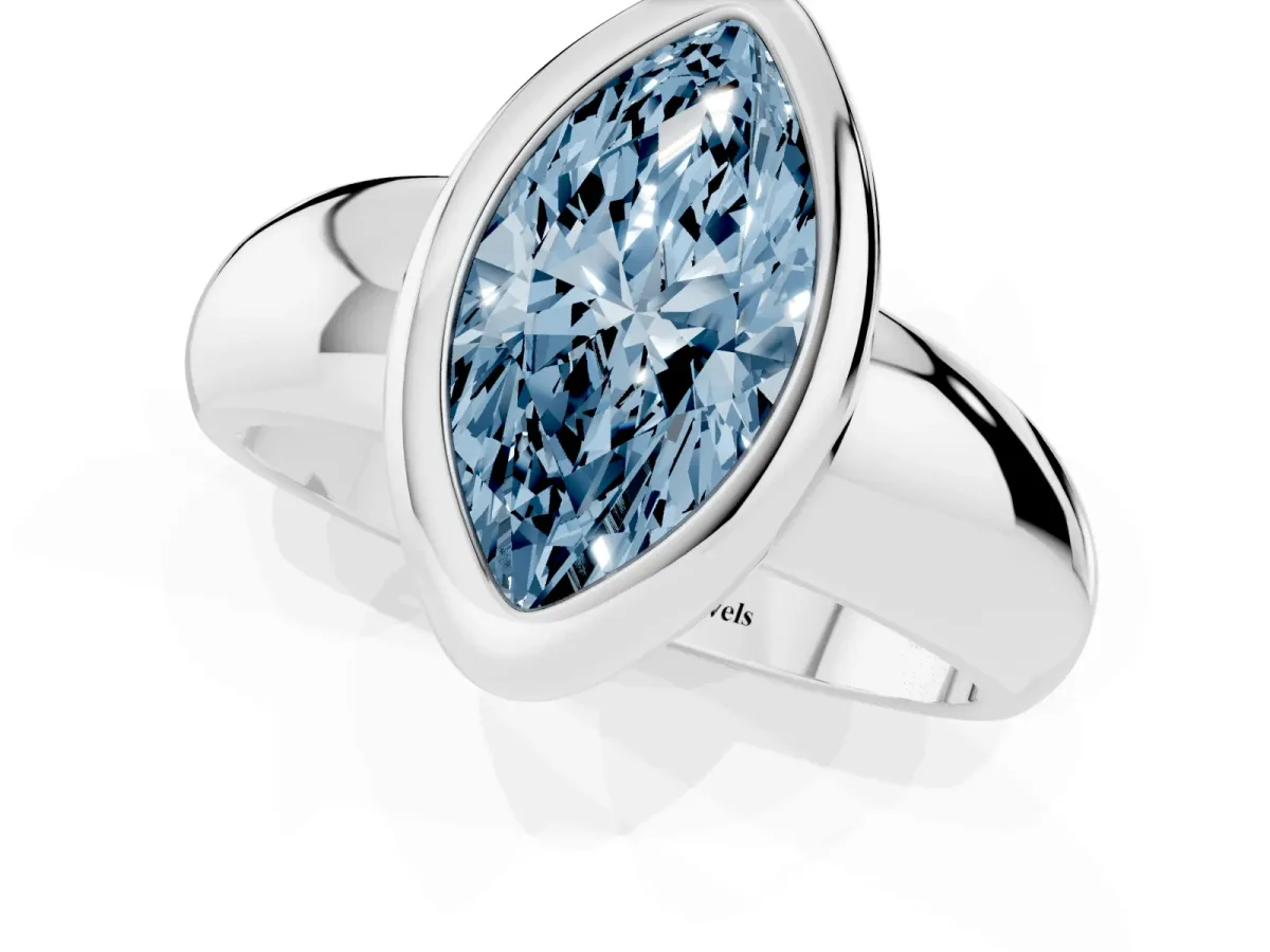 Fancy Blue Bezel Set Marquise Cut Solitaire Ring with Wide Band White gold