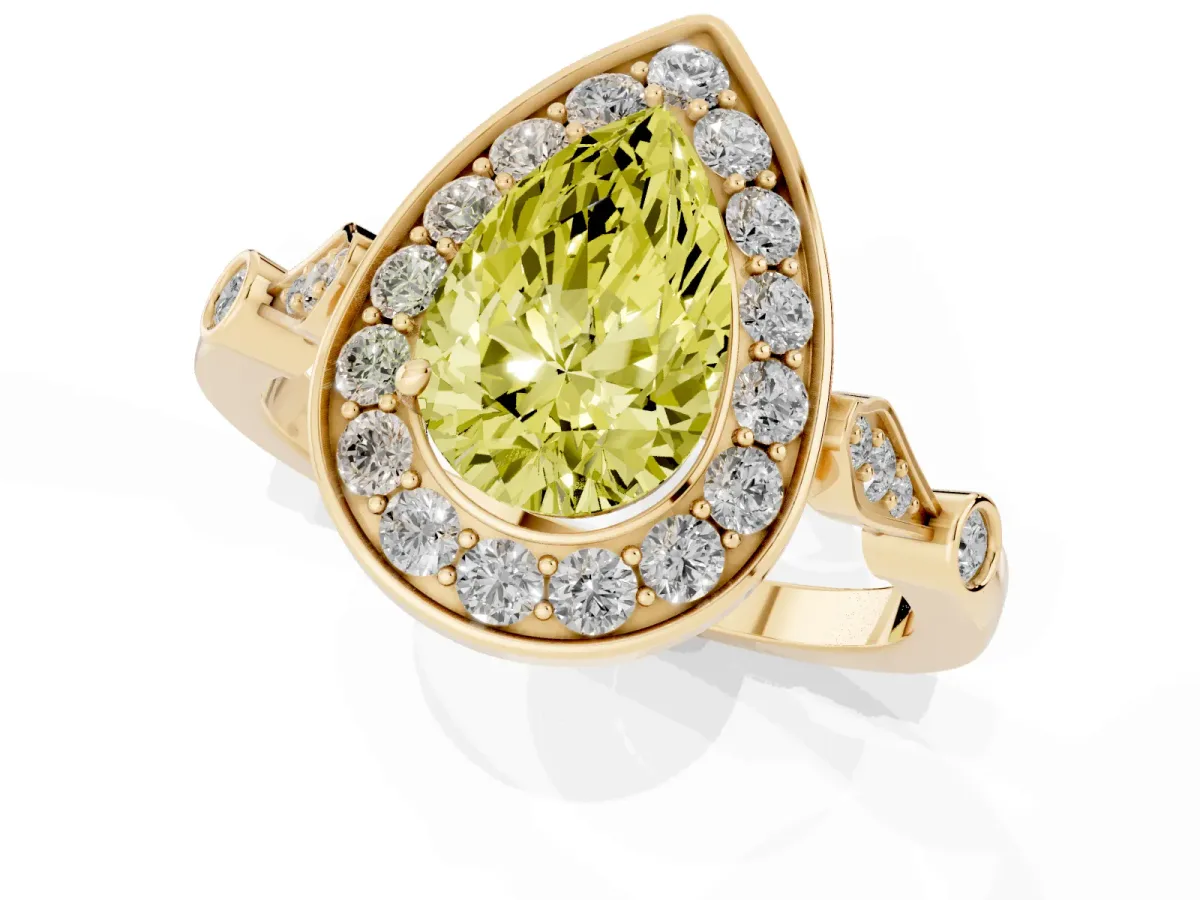 Fancy Yellow Pear Cut Halo Diamond Engagement Ring with Twisted Band and Four-Prong Setting Yellow gold