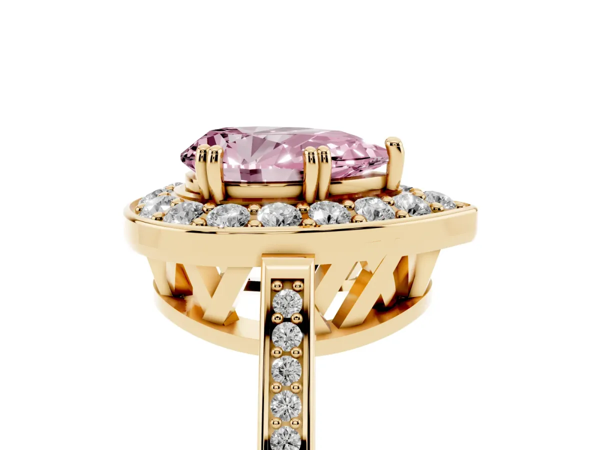 Fancy Pink Pear Cut Diamond Halo Ring with Split Shank and Four-Prong Setting Yellow gold