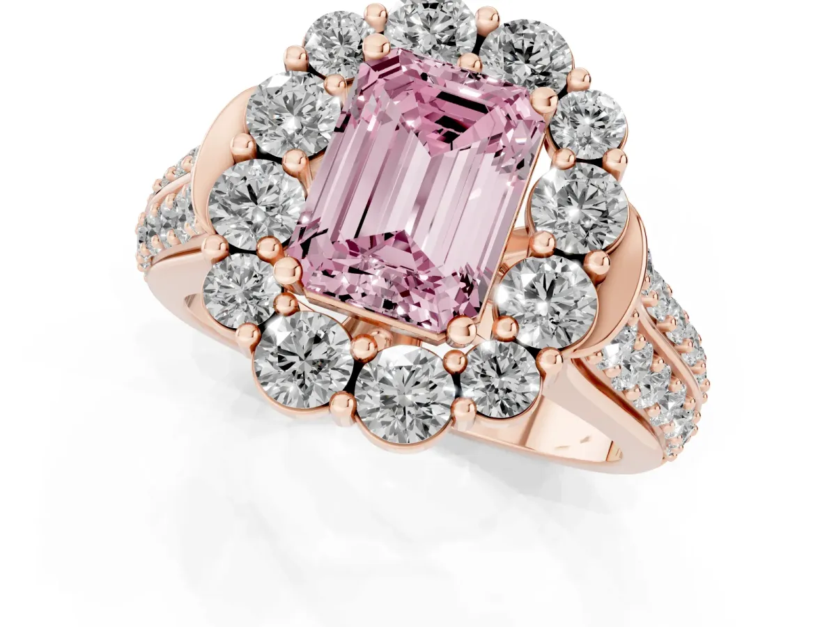 Fancy Pink Emerald Cut Halo Diamond Engagement Ring with Split Shank and Prong Setting Rose gold