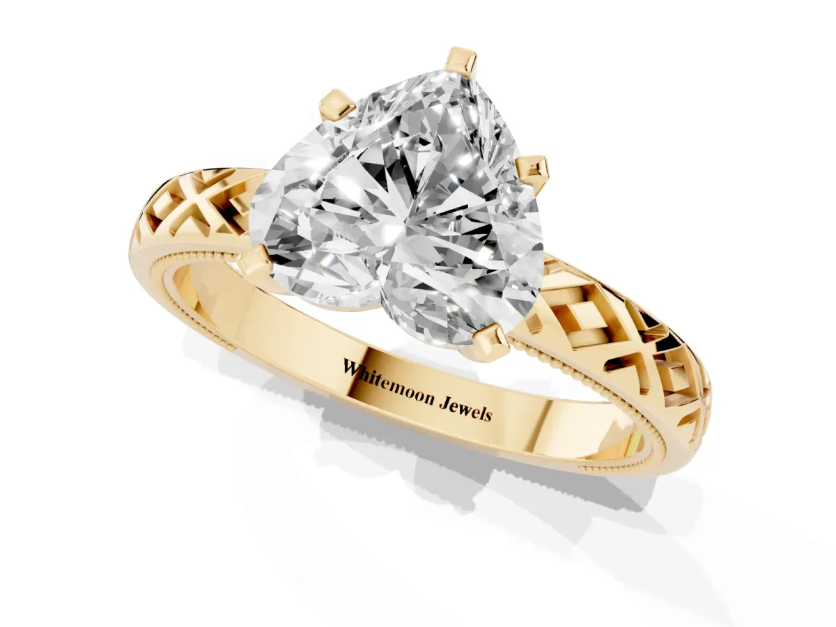 Heart Cut Solitaire Diamond Ring with Milgrain and Black Enamel X Pattern Band Yellow gold