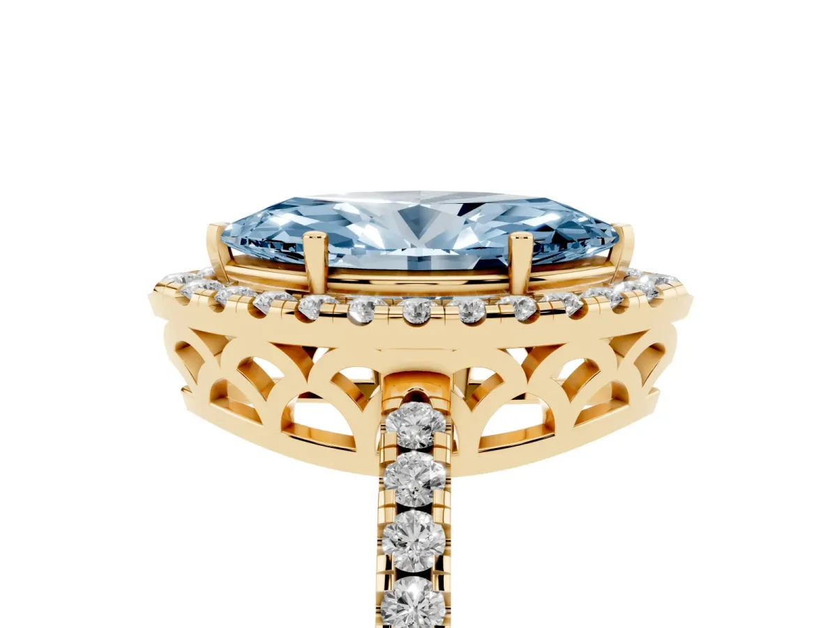 Fancy Blue Marquise Cut Halo Diamond Engagement Ring with Pavé Band and Four-Prong Setting Yellow gold