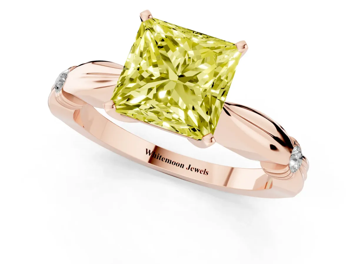 Fancy Yellow Princess Cut Solitaire Diamond Twisted Band with Four-Prong Setting Rose gold