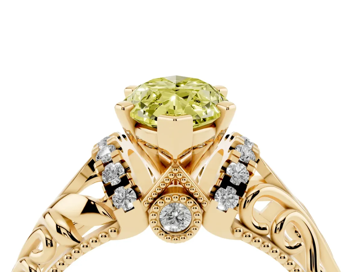 Fancy Yellow Marquise Cut Solitaire Filigree Engagement Ring with Halo and Prong Setting Yellow gold
