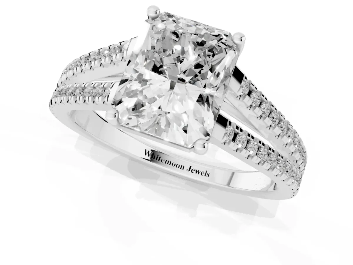 Radiant Cut Diamond Solitaire Engagement Ring with Split Shank Pavé Band Silver