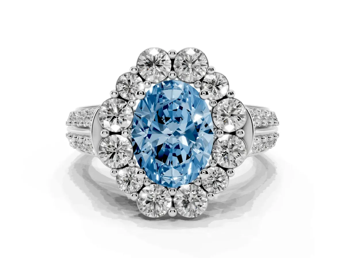 Fancy Blue Oval Cut Halo Diamond Engagement Ring with Split Shank and Prong Setting Silver