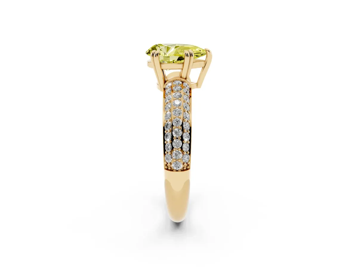 Fancy Yellow Pear Cut Diamond Solitaire Ring with Multi-Row Round Pavé Band and Prong Setting Yellow gold