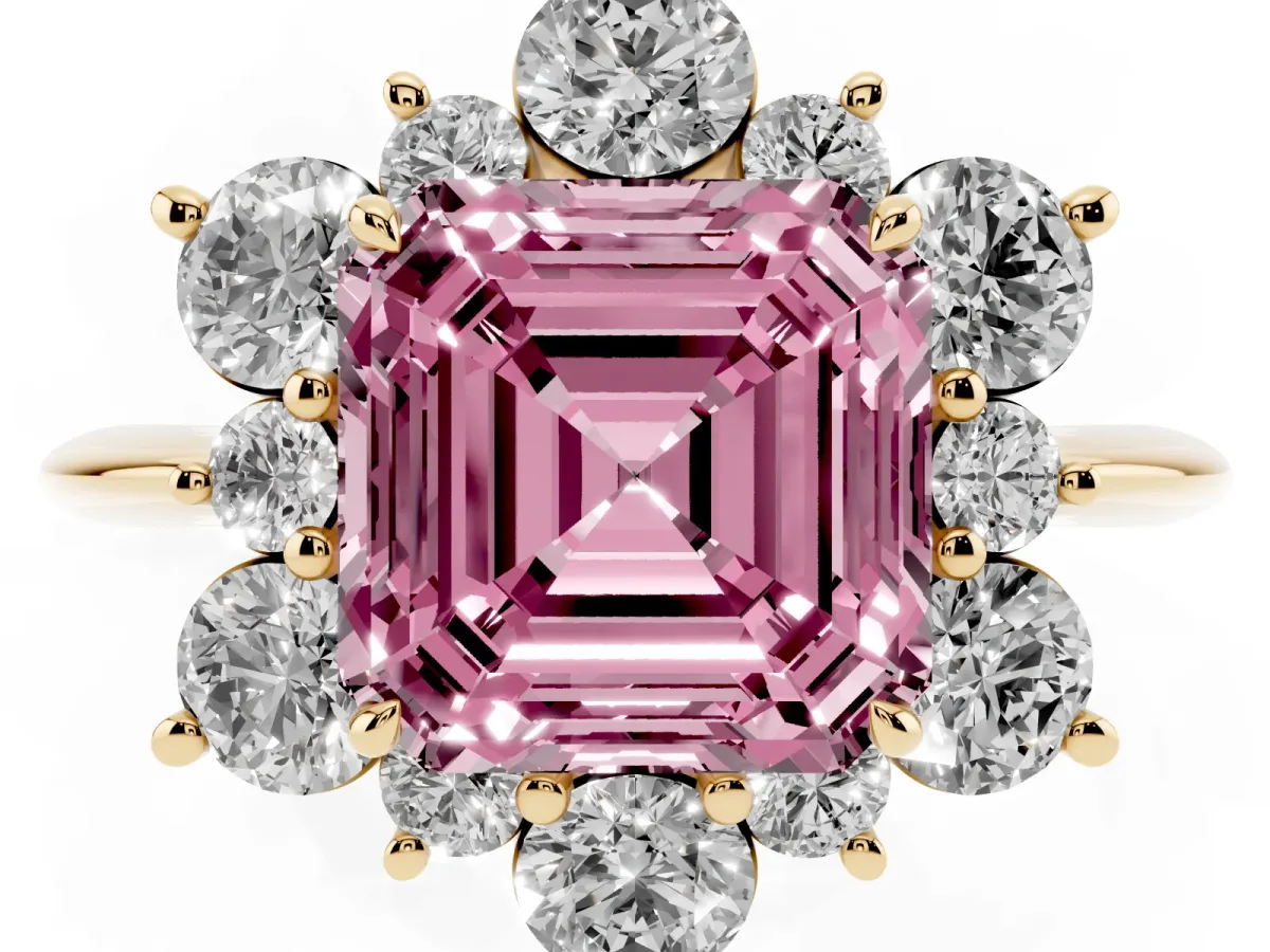 Fancy Pink Asscher Cut Diamond Cluster Halo Ring with Solitaire Band and Four-Prong Setting Yellow gold